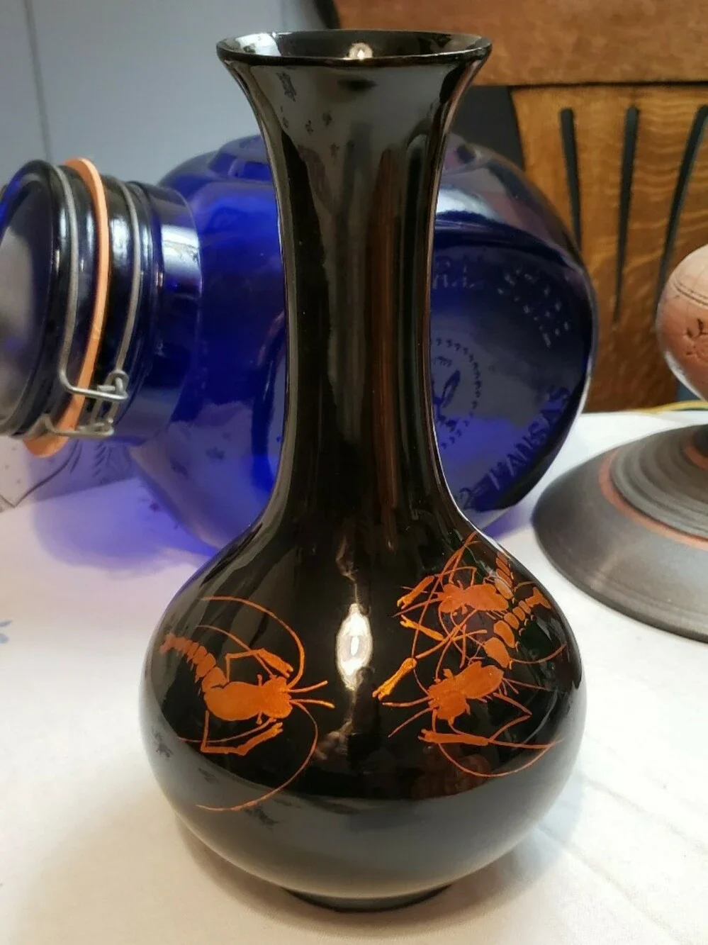 Vintage MCM Black Laquerware Vase With Metallic Copper Shrimp Design